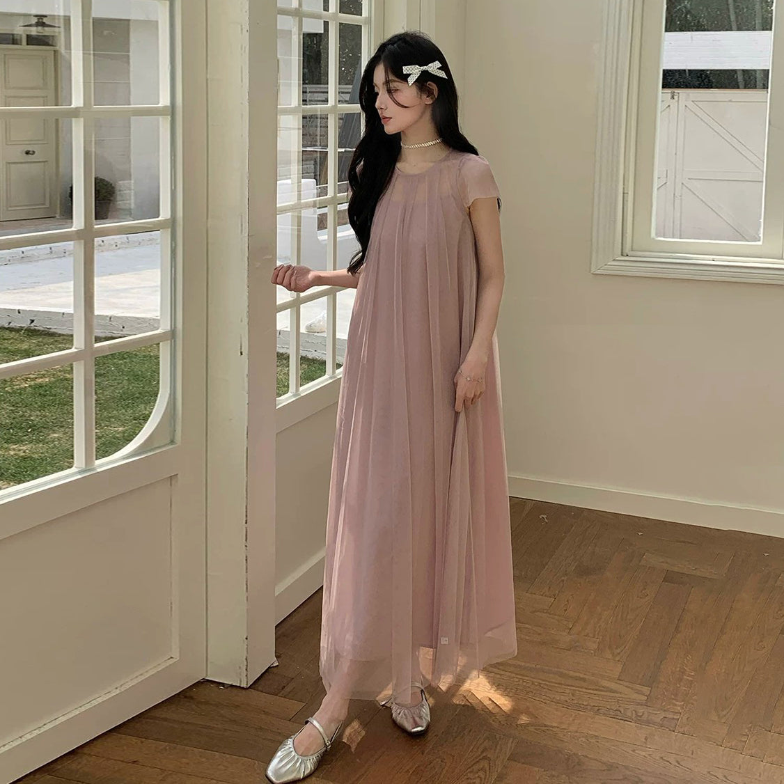 【ワンピース】大人可愛い ピンク チュールワンピース レディース 夏 半袖 上品 2点セット シアー ロング丈 フェミニンワンピース【JZシリーズ】