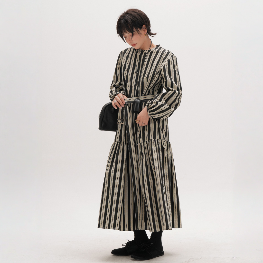 【ワンピース】春 秋 ストライプ柄 POLOネック マーメイドヘム 長袖 ワンピース 【JZシリーズ】
