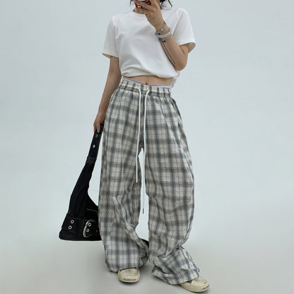 【ボトムス】アメリカン ヴィンテージ風 リラックス 感のある 薄手 チェック柄 ストレート ワイド パンツ【FCシリーズ】