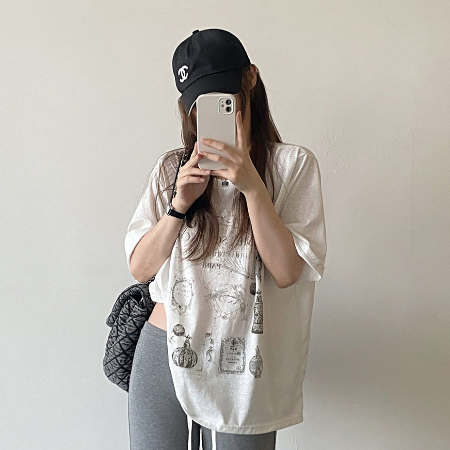 【トップス】ヴィンテージ風 Tシャツ レディース 夏 ダメージ加工 クールアート柄 ルーズフィット 半袖 トップス カジュアル 人気【FCシリーズ】