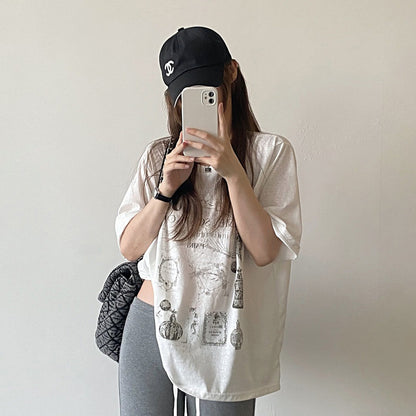 【トップス】ヴィンテージ風 Tシャツ レディース 夏 ダメージ加工 クールアート柄 ルーズフィット 半袖 トップス カジュアル 人気【FCシリーズ】