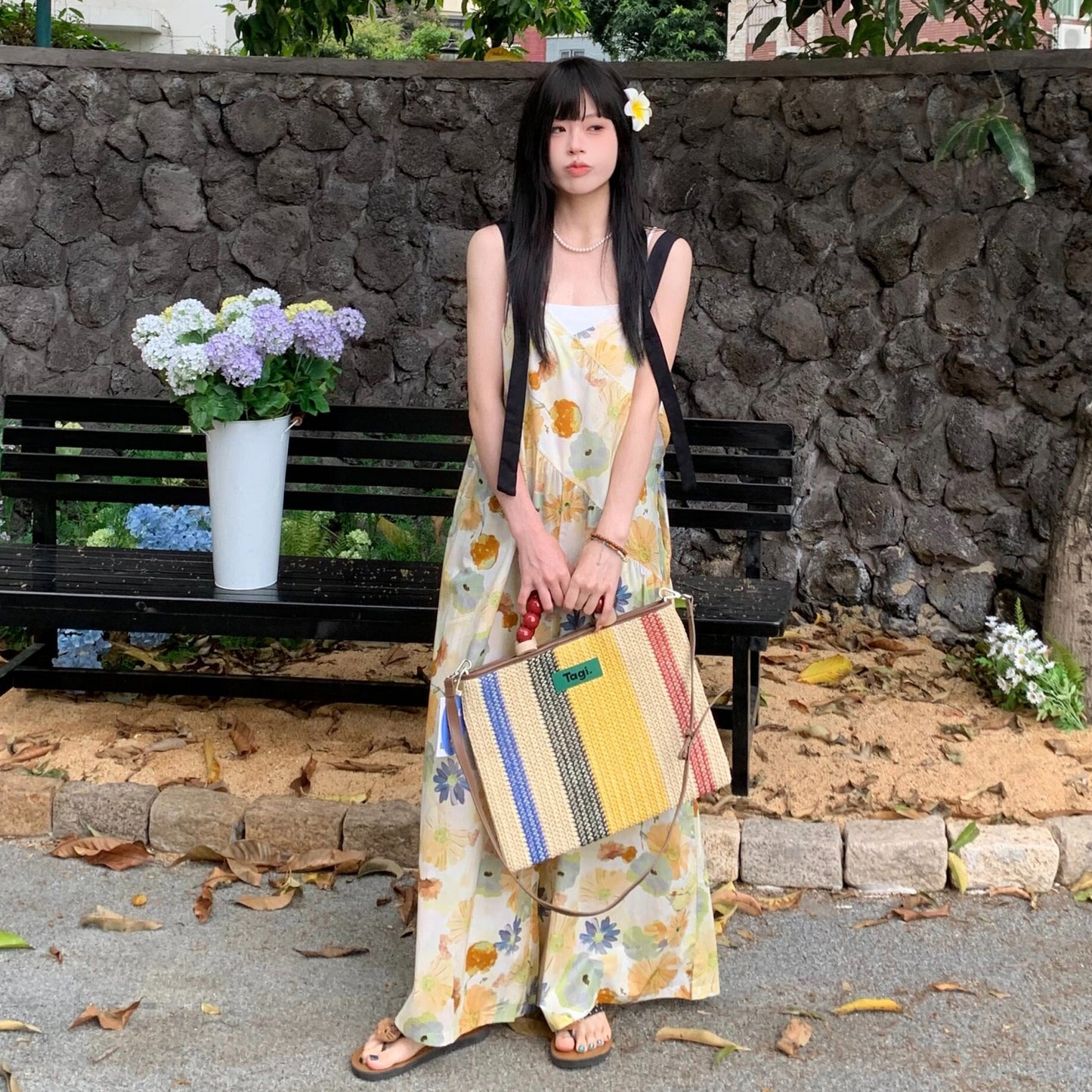 【ボトムス】水彩プリント サロペット レディース 夏 ワイドパンツ ゆったり 体型カバー オールインワン リラックスコーデ 人気【SHシリーズ】