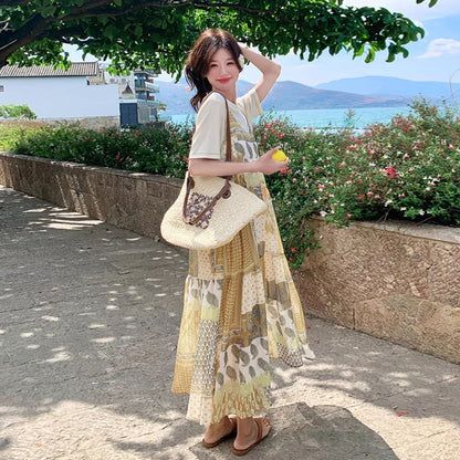 2点セット！【セットアップ】優しげリゾート風 夏新作 Tシャツ＋花柄 ノースリーブワンピースセット【SHシリーズ】