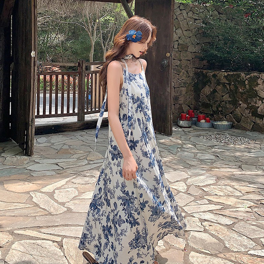 【ワンピース】プリント ビーチリゾート ロマンティック ノースリーブワンピース レディース【SHシリーズ】