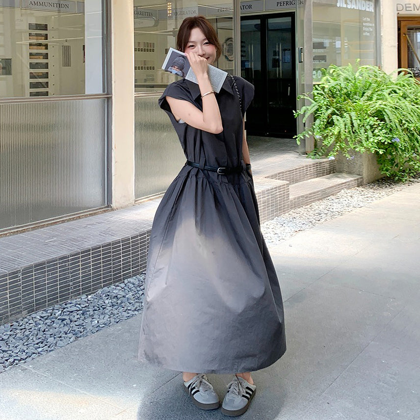 【ワンピース】グレーノースリーブワンピース ウエストマークで細見え◎上品見えの韓国風ロング丈【JZシリーズ】