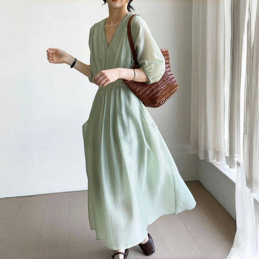 【ワンピース】夏 Vネック ウエストマーク エレガント 半袖 ワンピース 【JZシリーズ】