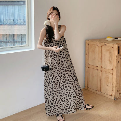 【ワンピース】大人可愛い ヒョウ柄 ノースリーブワンピース 夏 タンクトップ風 ロング丈【SHシリーズ】