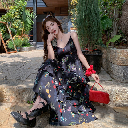 【ワンピース】リゾート風 キャミワンピース レディース 夏 フリルデザイン ノースリーブ 花柄 ティアードワンピース【SHシリーズ】