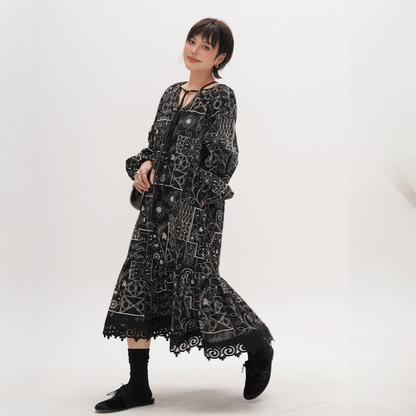 【ワンピース】春 秋 総刺繍 レトロ エスニック風 ジャカード 長袖 ワンピース【JZシリーズ】