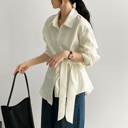 【トップス】ウエストマークで細見え！韓国風デザイン性たっぷりサイドリボンシャツ レディース 通勤エレガント長袖シャツ【JZシリーズ】