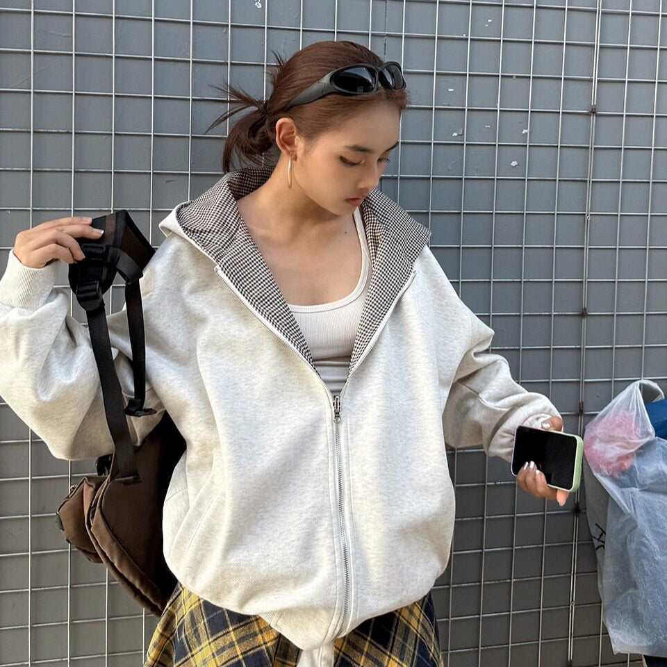 【アウター】アメリカンレトロ チェック切り替え フェイクレイヤード スウェット レディース 秋冬新作 ルーズシルエット リラックスジャケット【FCシリーズ】