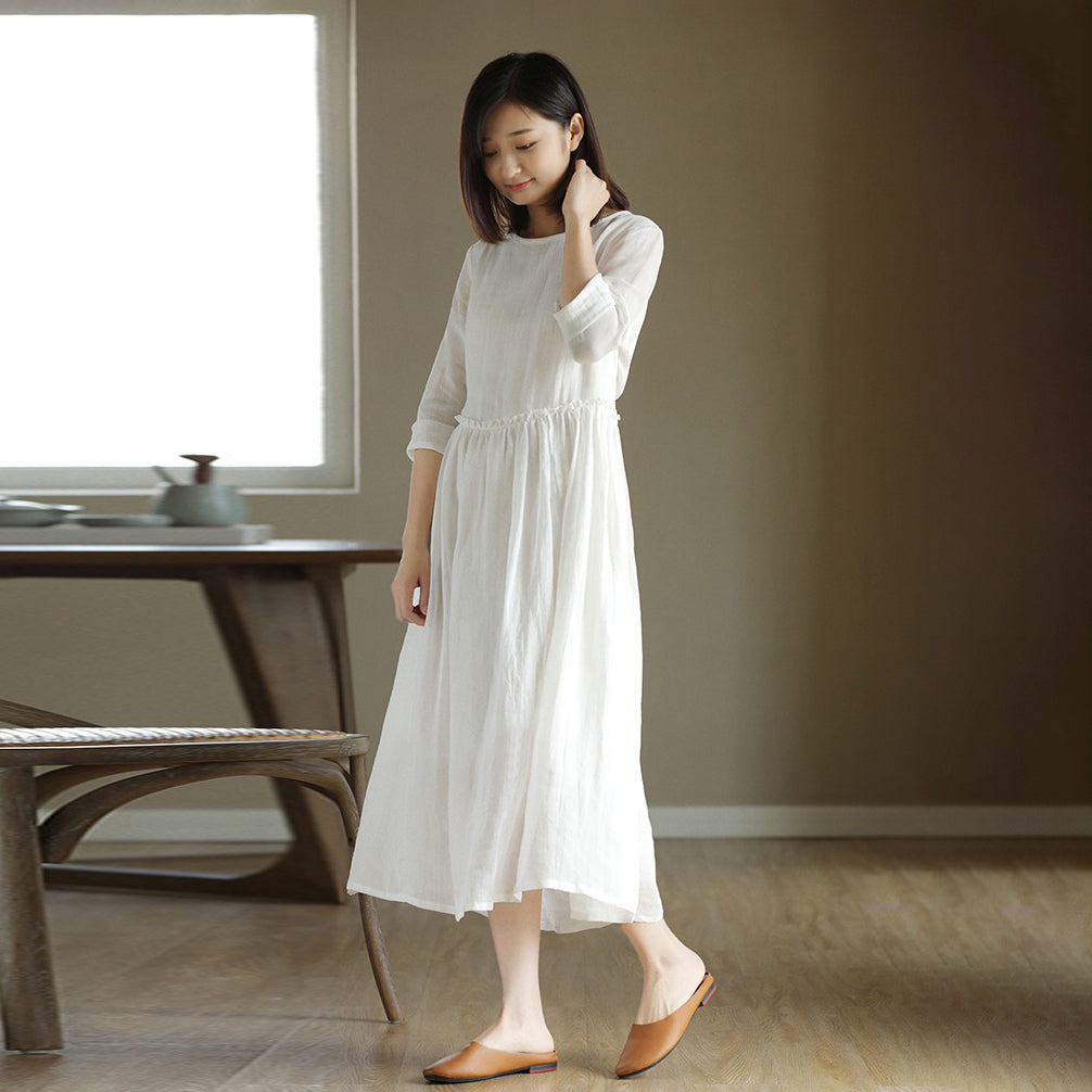 【ワンピース】夏新作 リネン混 白 ロング長袖ワンピース フレンチ風 ゆったりナチュラル
