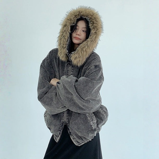 【アウター】春 秋 冬 ウォッシュド コーデュロイ 厚手 フード付き ファーフード 中綿 ジャケット 【FCシリーズ】