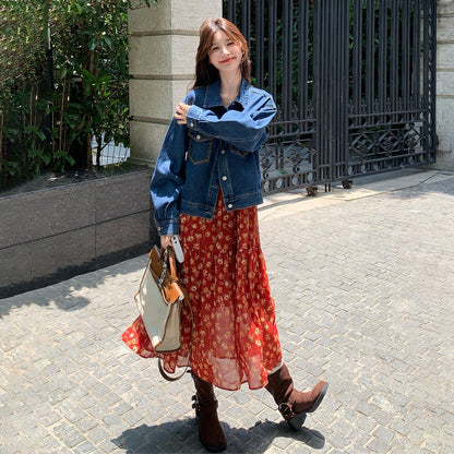 【セットアップ 】超可愛い レトロデニムジャケット＋花柄キャミワンピース レディース おしゃれ 人気ノースリーブワンピース【SHシリーズ】