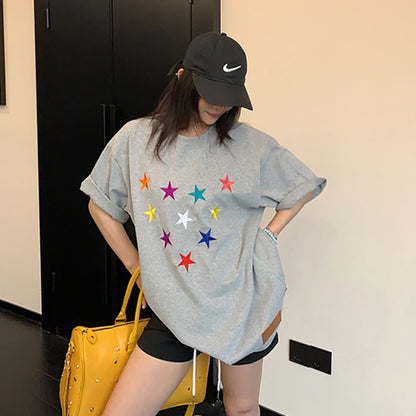 【トップス】ヴィンテージ加工 立体刺繍ヘビーTシャツ 夏新作 レディース 半袖 ストリート系【FCシリーズ】