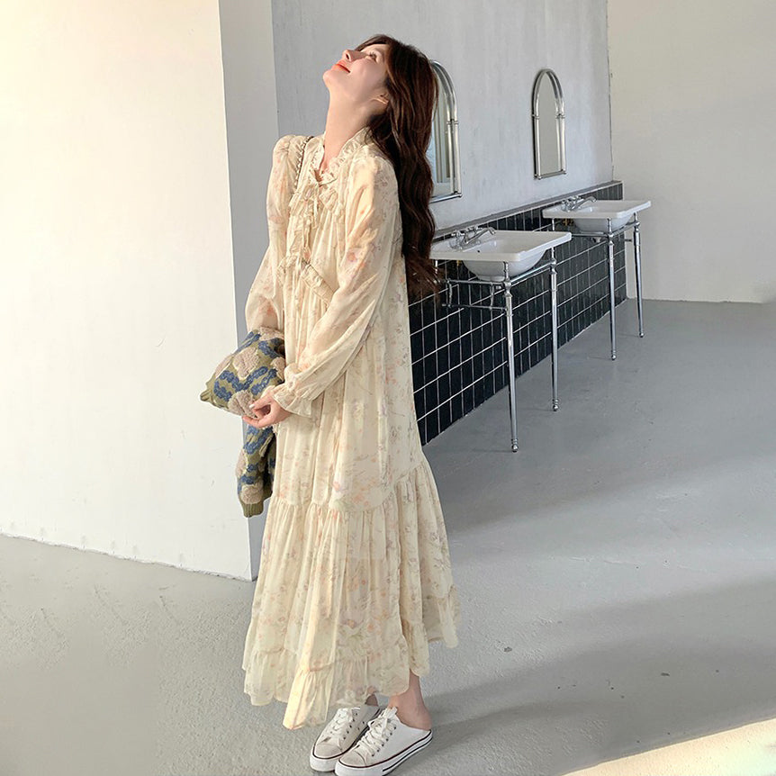 【ワンピース】春秋 優しい雰囲気 上品 フレンチ風 ロングスカート 大人気 トレンド 花柄長袖ワンピース【SHシリーズ】