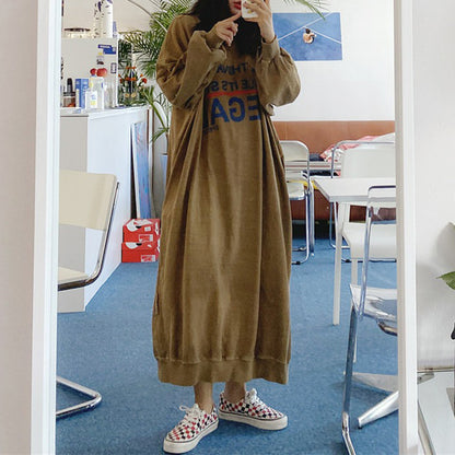 【24AW】【ワンピース】ゆったり 大きいサイズ ラウンドネック 長袖ワンピース