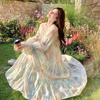 【ワンピース】超かわいい バタフライプリント ワンピース 春夏 ムード感たっぷり ハイウエスト 日焼け防止 ロングドレス【SHシリーズ】