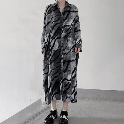 【ワンピース】水墨調 ぼかし柄 冷淡モード ゆったり 長袖 シャツワンピース 細見え【SHシリーズ】