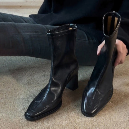 【シューズ】レディース ハイヒール ショートブーツ フレンチヴィンテージ スクエアトゥ太ヒール マーチン風ブーツ