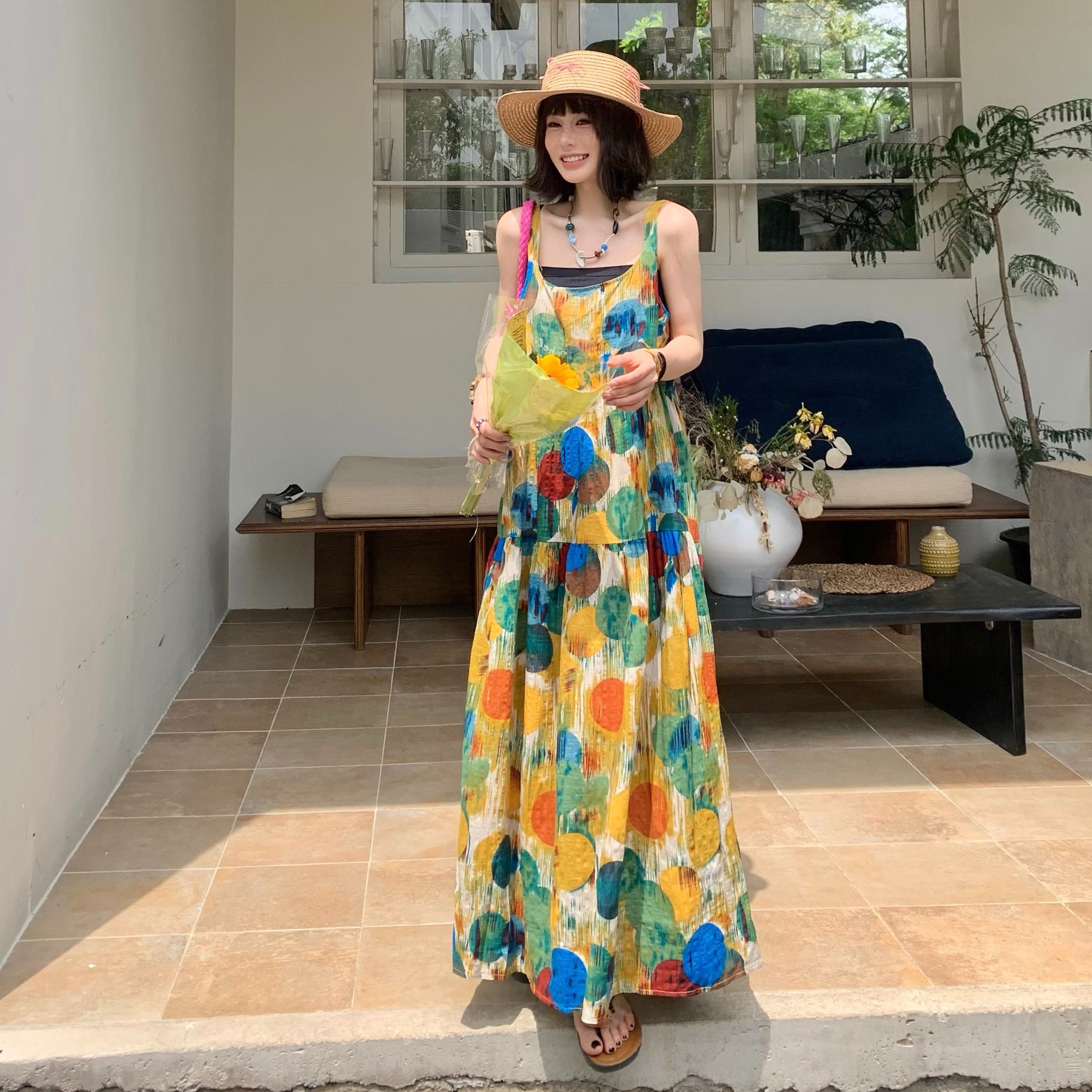 ワンピース】アート油絵風 ゆったりレトロ 着痩せ効果 ノースリーブ