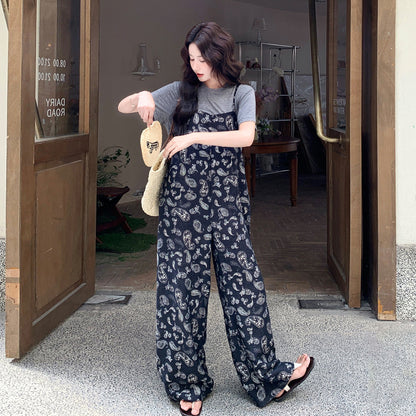 2点セット！【セットアップ】レトロプリントサロペット レディース 夏 半袖Tシャツ 上下セット ゆったり カジュアル【SHシリーズ】