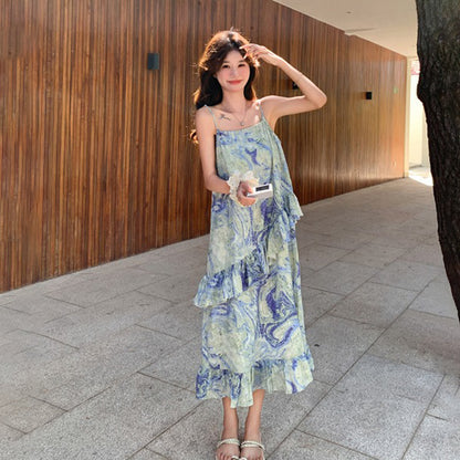 【ワンピース】フレンチロマンティック 油絵風 ノースリーブキャミワンピース 夏 ビーチリゾートドレス【SHシリーズ】