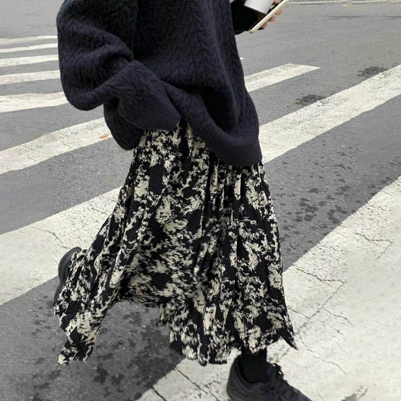 【ボトムス】ブラック花柄 ロングスカート 秋冬 ハイウエスト 体型カバー 小众デザイン【SHシリーズ】