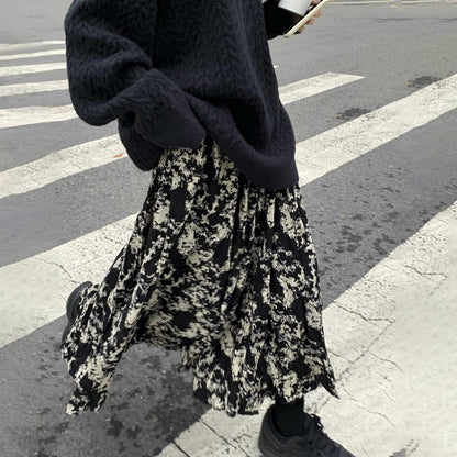 【ボトムス】ブラック花柄 ロングスカート 秋冬 ハイウエスト 体型カバー 小众デザイン【SHシリーズ】