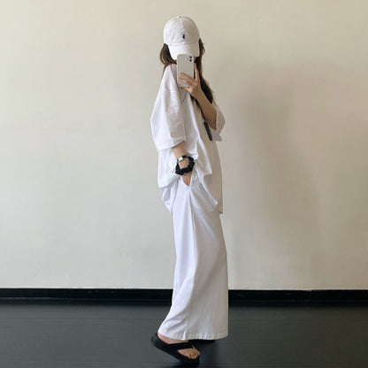 【セットアップ】【単品注文】リネンコットン風 半袖Tシャツ＋ワイドパンツ 上下セット ホワイト ゆったり ルーズフィット リラックス カジュアル 春夏【FCシリーズ】