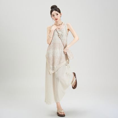 【ワンピース】リゾート風 夏新作 アシンメトリー ストライプタイダイ フェイクレイヤード ノースリーブワンピース【SHシリーズ】