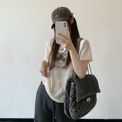 期間限定⭐️60%OFF【トップス】フロッキー混紡 Tシャツ レディース 夏 ハンドペイント 可愛いネコ柄 光沢感 クルーネック 半袖 ルーズフィット カジュアル 人気【FCシリーズ】