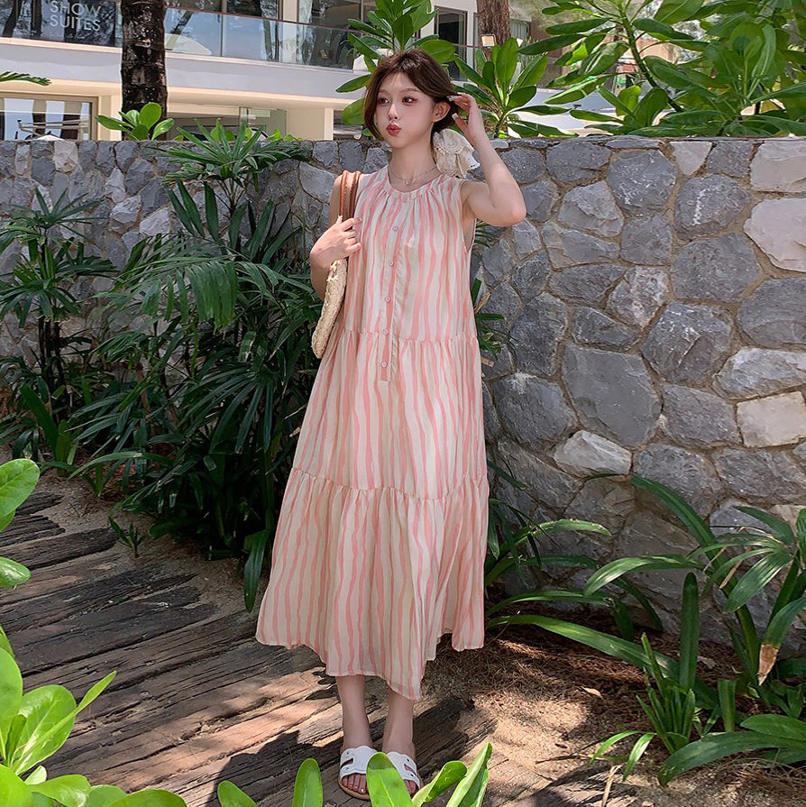 【ワンピース】夏 アート感 都市リゾート風 ピンクストライプ ノースリーブワンピース【SHシリーズ】