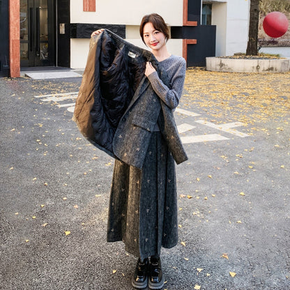 【セットアップ】刺繍入り ウール風 ブレンド ダウンジャケット＆スカート 上下セット 秋冬 ダウンコート【SHシリーズ】【10～15日内発送】