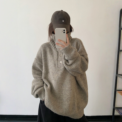 【トップス】ボタン装飾 ハイネック プルオーバ ニット セーター 【FCシリーズ】