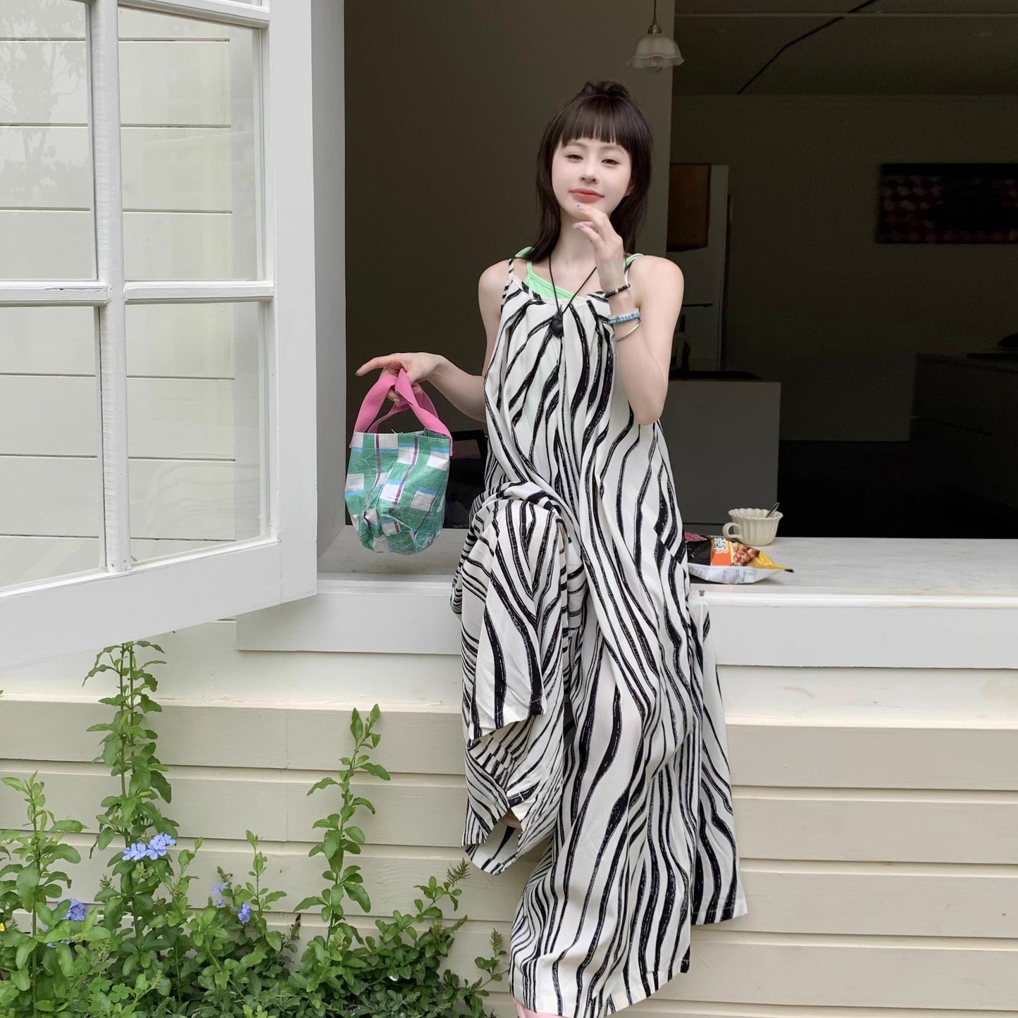 【ボトムス】ゆったりカジュアル 夏用 水波模様 ルーズ感たっぷり オーバーサイズキャミサロペット 【SHシリーズ】