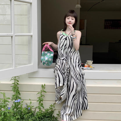 【ボトムス】ゆったりカジュアル 夏用 水波模様 ルーズ感たっぷり オーバーサイズキャミサロペット 【SHシリーズ】