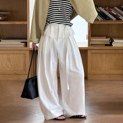 【ボトムス】デザイン感 フェイクレイヤード レース切替 ハイウエストワイドパンツ レディース 春新作 ゆったり カジュアルスラックス【JZシリーズ】