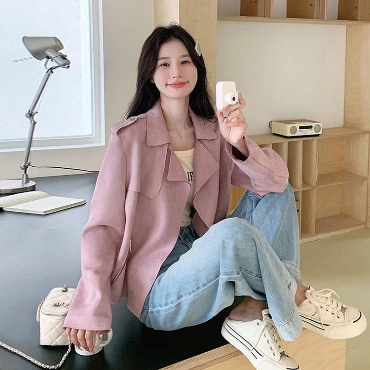 【アウター】可愛い 甘め若見えフェミニン スエード調ショートジャケット デザイン性 カジュアル 細見えアウター【JZシリーズ】