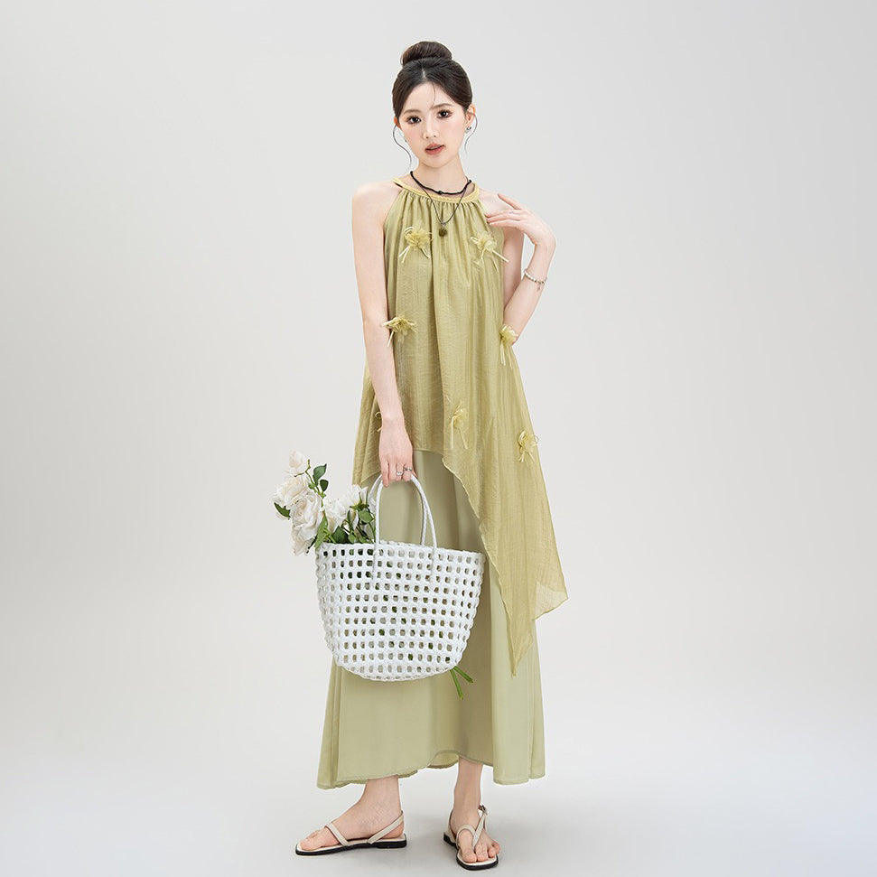 【ワンピース】夏新作 フレンチバカンス風 立体フラワー付き ハルターネック ノースリーブワンピース【SHシリーズ】