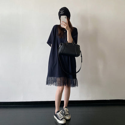【ワンピース】レース切替Tシャツワンピース レディース 半袖 ゆったり ドロップショルダー リラックス ロング丈 夏【FCシリーズ】