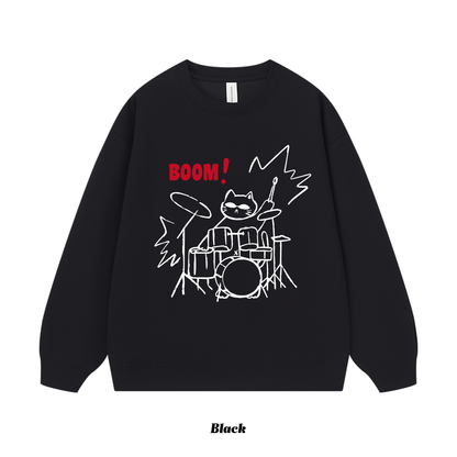 7カラー | S~3XL【トップス】ロックドラムキャット 手描き風アメリカンプリント クルーネックスウェット 秋 ユニセックス ルーズ パーカー【FCシリーズ】