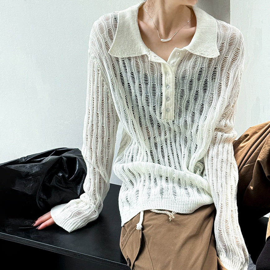 【トップス】秋先取り 大人可愛い透かし編みニットTシャツ 薄手 ゆったり【JZシリーズ】