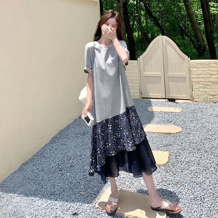 【ワンピース】ワンピース レディース フラワープリント 切替デザイン 半袖 Tシャツワンピース ミディ丈 フレンチレトロ カジュアル【SHシリーズ】