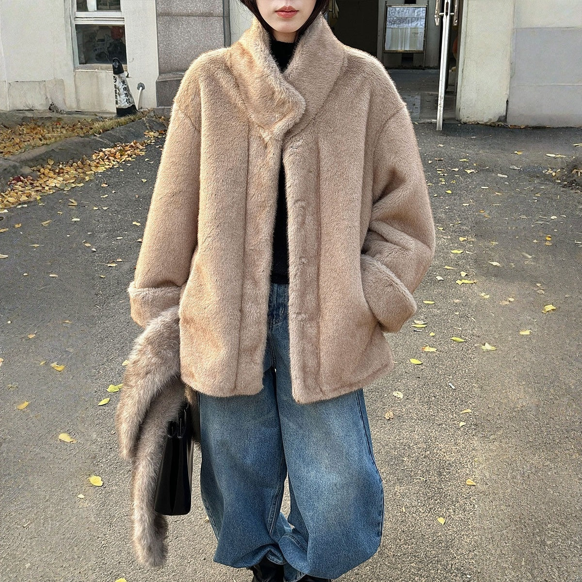 【アウター】エコミンク風ファー 春 秋 冬 立ち襟 フェイクファー スエード調裏地 もこもこ コート 【JZシリーズ】