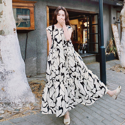 【ワンピース】夏新作 水墨風グラデーション ワンピース レトロ ゆったりノースリーブロングドレス 体型カバー着痩せ【SHリーズ】