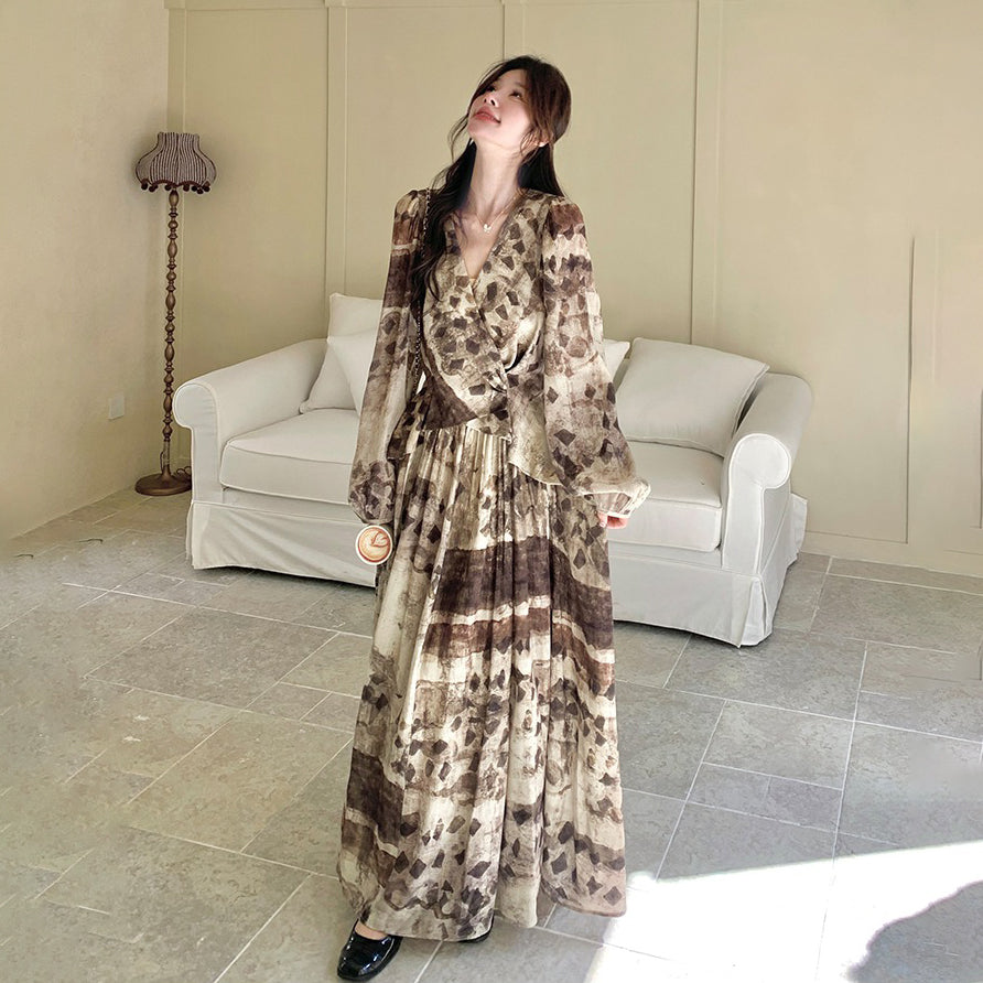 【ワンピース】メラード調 ハイセンス 花柄 長袖ワンピース レディース 春秋 フレンチエレガント 民族調プリント マキシ丈【SHシリーズ】