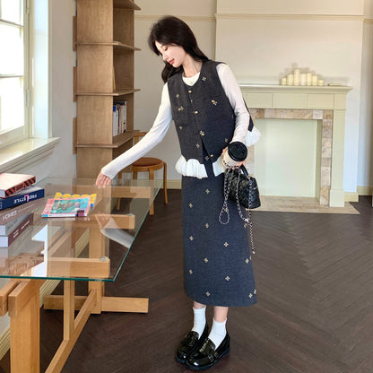 2点セット！【セットアップ】シャネル風 刺繍ベスト＆スカート 上下セット 2026春新作 上品 レディース【SHシリーズ】