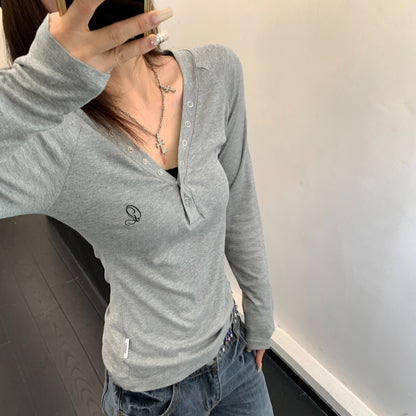 【トップス】韓国風フィットロンT レディース ストレッチ Vネック カットソー 秋冬インナー 長袖Tシャツ【FCシリーズ】
