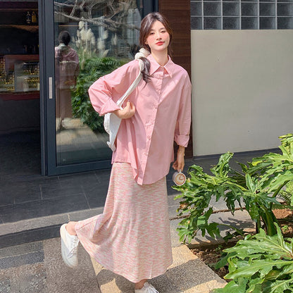 2点セット！【セットアップ】後ろリボンシャツ＋ピンクボーダー ニットノースリーブワンピース 2点セット 春秋 韓国系 おしゃれ可愛い レディースコーデ【SHシリーズ】